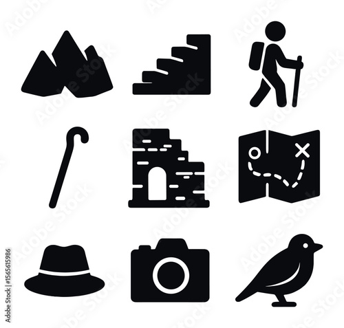 Mountain Ruins Icons. Solid, filled icons set of mountain ruins expedition: rocky terrain, stone stairs,
