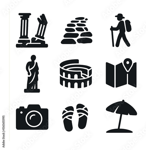 Ancient Ruins Icons. Solid, filled icons set of historic city ruins: broken columns, stone paths, traveler,
