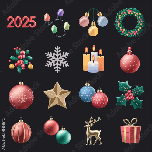 vector Happy New Year Celebrating 2025 in Latin letters , Christmas Decoration Items Santa Claus
