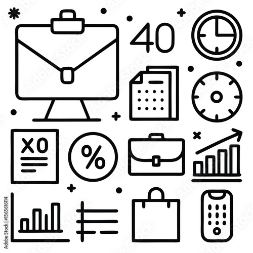 Business icons briefcase computer clock graph percentage phone vector