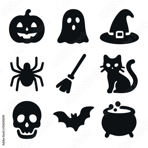Halloween Icon Grid. Solid, filled icons set of Halloween events and shows: pumpkin, ghost, witch hat, spider,