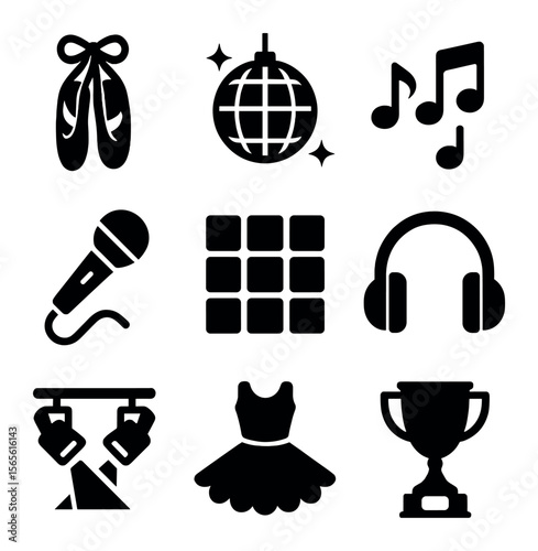 Dance Party Icons. Solid, filled icons set of dance hobby birthday party: ballet shoes, disco ball, music
