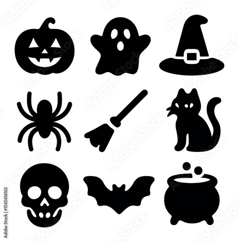 Halloween Icon Grid. Solid, filled icons set of Halloween events and shows: pumpkin, ghost, witch hat, spider,