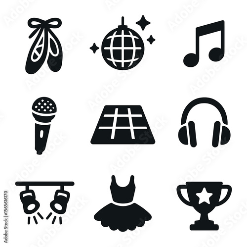 Dance Party Icons. Solid, filled icons set of dance hobby birthday party: ballet shoes, disco ball, music