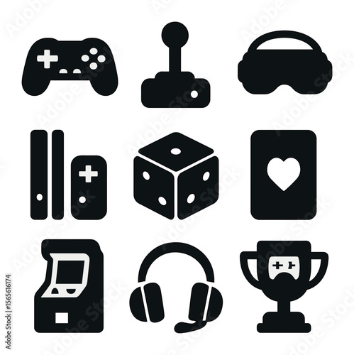 Gaming Icons Grid. Solid, filled icons set of gaming hobby birthday party: game controller, joystick, VR