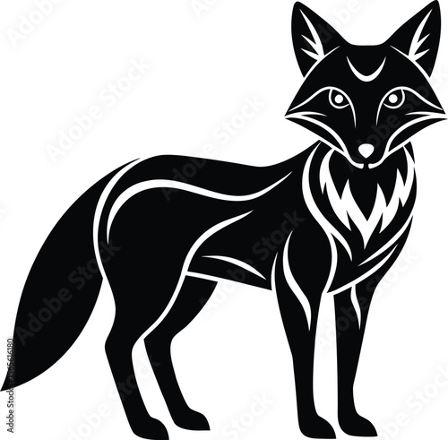 Stylized black fox silhouette with ornate tribal patterns and crescent moon detail on forehead .eps