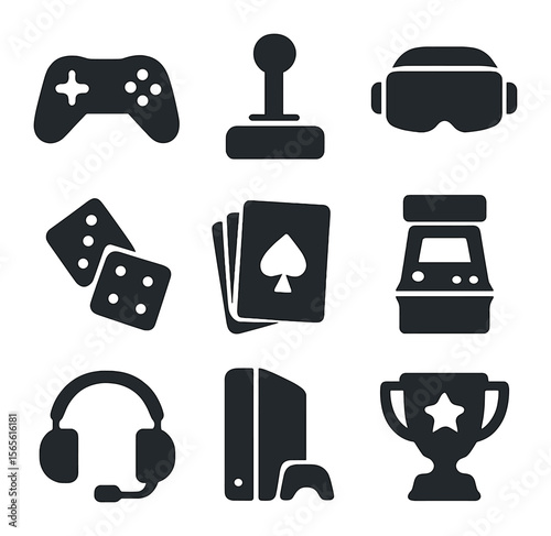 Gaming Icons Grid. Solid, filled icons set of gaming hobby birthday party: game controller, joystick, VR