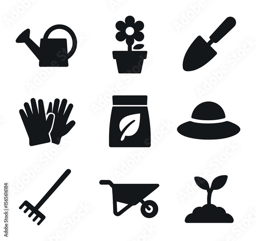 Gardening Icons Set. Solid, filled icons set of gardening hobby birthday party: watering can, flower pot,