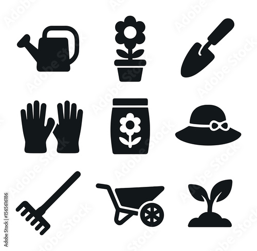 Gardening Icons Set. Solid, filled icons set of gardening hobby birthday party: watering can, flower pot,