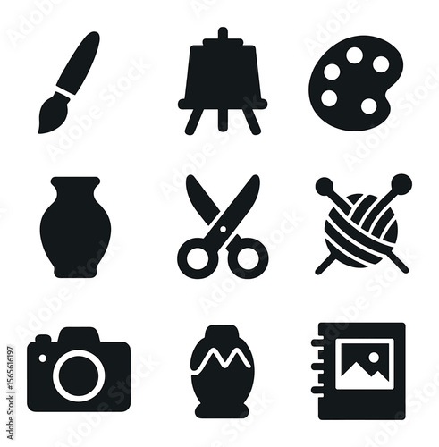 Creative Hobby Icons. Solid, filled icons set of creative hobby birthday party: paintbrush, easel, palette,
