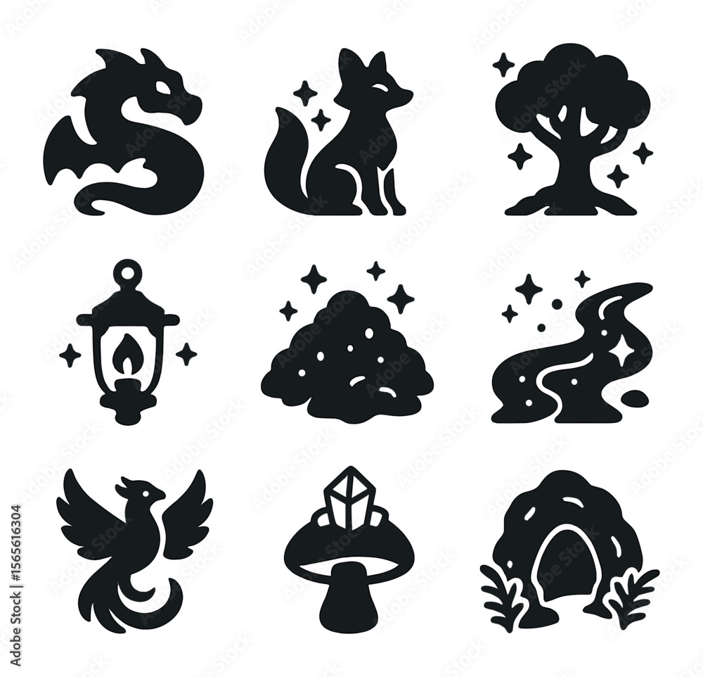 Fototapeta premium Fantasy Flora and Fauna. Solid, filled icons set of fantasy valley flora and fauna: dragon, magical fox,