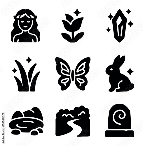 Enchanted Valley Icons. Solid, filled icons set of secret enchanted valley life: nymph, magical flower,