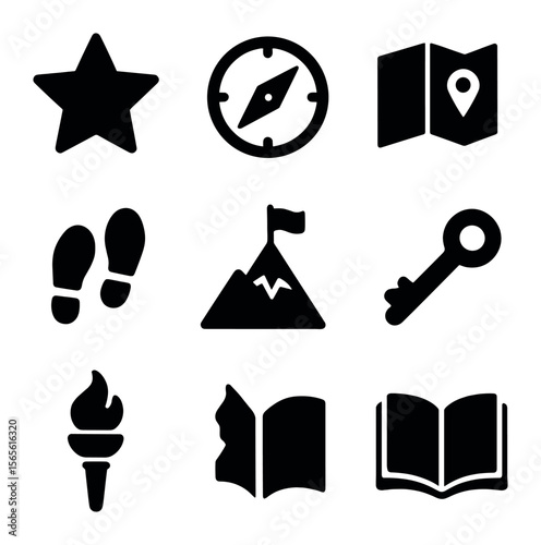 Purpose Icon Set. Solid, filled icons set of seeking purpose: star, compass, map, footsteps, mountain, flag,