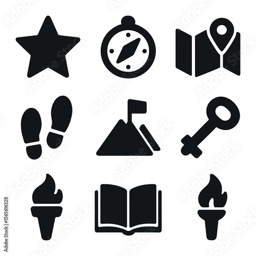 Purpose Icon Set. Solid, filled icons set of seeking purpose: star, compass, map, footsteps, mountain, flag,