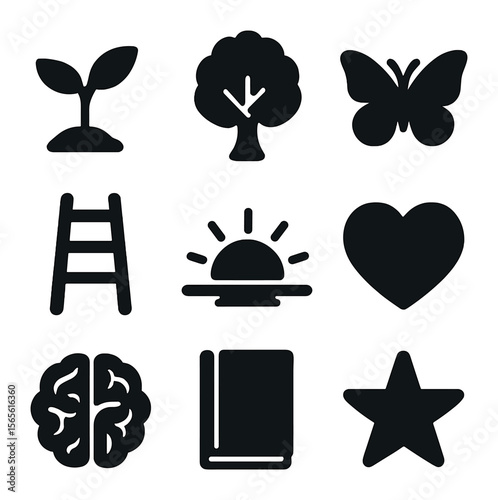 Growth Icons Grid. Solid, filled icons set of personal growth: seedling, tree, butterfly, ladder, sunrise,