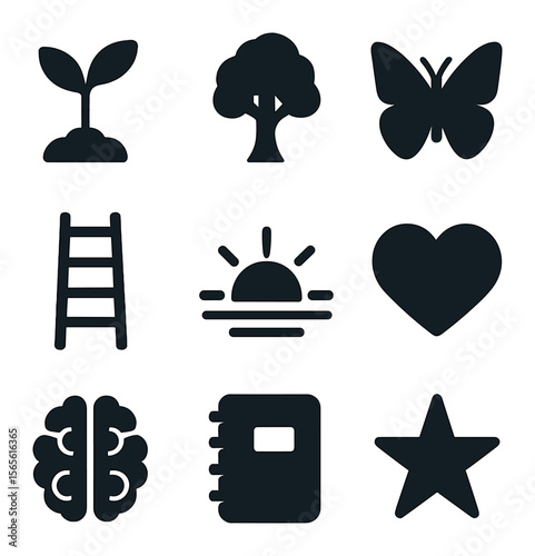 Growth Icons Grid. Solid, filled icons set of personal growth: seedling, tree, butterfly, ladder, sunrise,