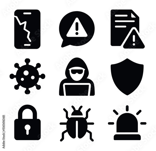 Digital Misinformation Icons. Solid, filled icons set of misinformation in digital communication: broken phone