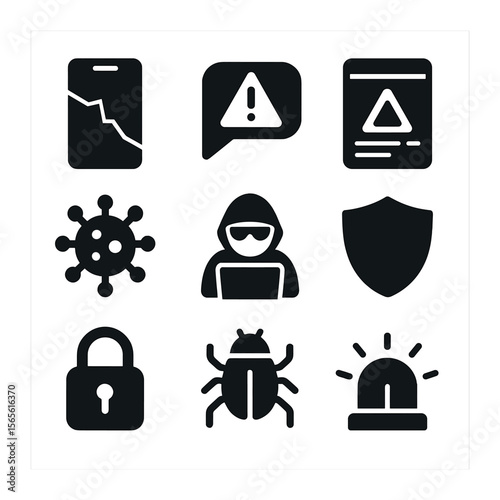 Digital Misinformation Icons. Solid, filled icons set of misinformation in digital communication: broken phone