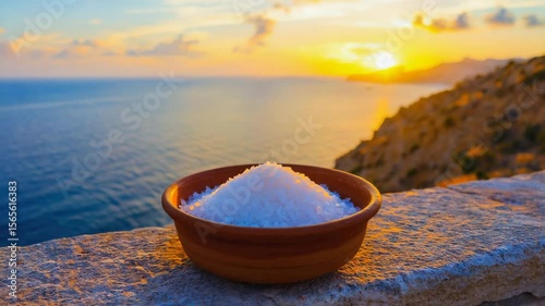 Bowl of sea salt on the beach.