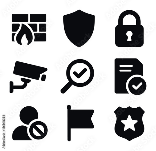 Misinformation Prevention Icons. Solid, filled icons set of misinformation prevention tools: firewall, shield,