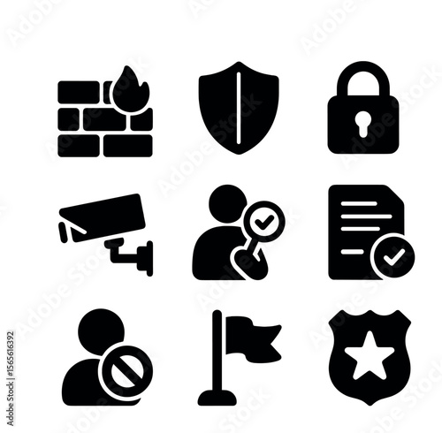 Misinformation Prevention Icons. Solid, filled icons set of misinformation prevention tools: firewall, shield,