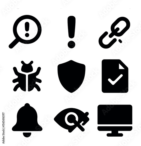 Misinformation Detection Icons. Solid, filled icons set of digital misinformation detection: magnifying glass,