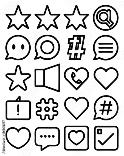 Social media icons stars hearts chat bubbles hashtags vector