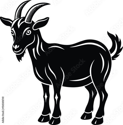 Stylized black goat standing profile view with white highlights and horns silhouette.eps