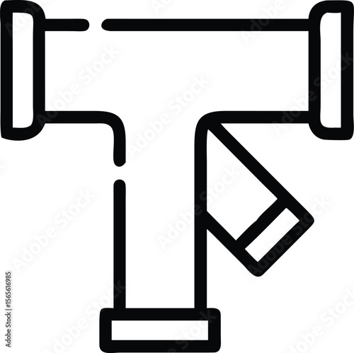 Black outline drawing of plumbing T joint with offset pipe angle