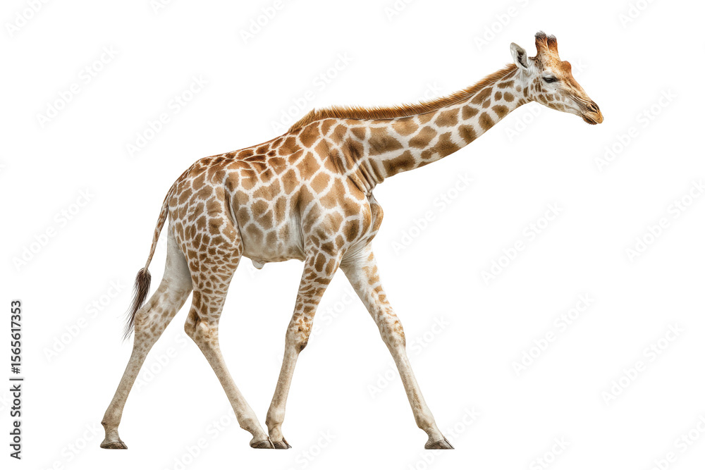 Naklejka premium PNG Graceful giraffe walking against white background with long neck and spotted coat