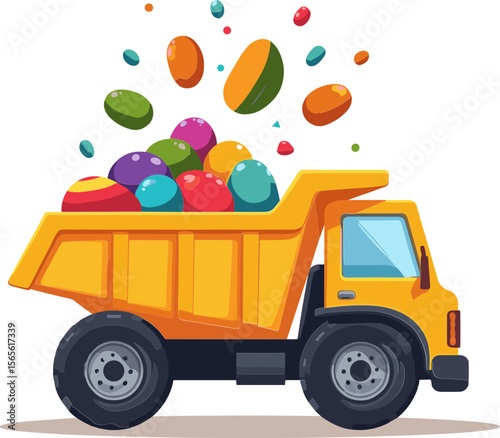 Colorful dump truck unloading Easter eggs in a playful style  