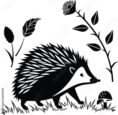 Cute hedgehog walking through grass with leaves and mushroom in silhouette style .eps