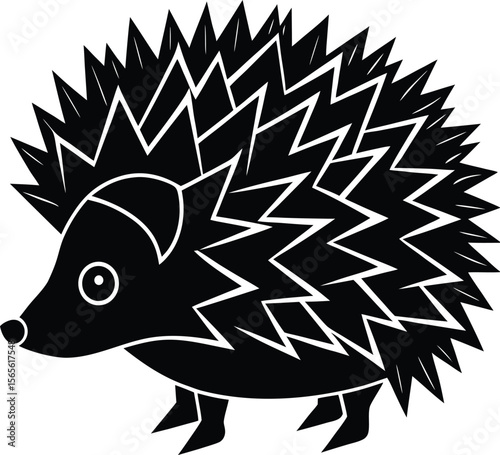 Stylized black and white silhouette of a cute hedgehog with sharp quills and a friendly expression .eps
