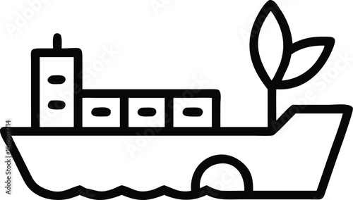 Black outline illustration of ecofriendly cargo ship with leaves instead of smoke stack