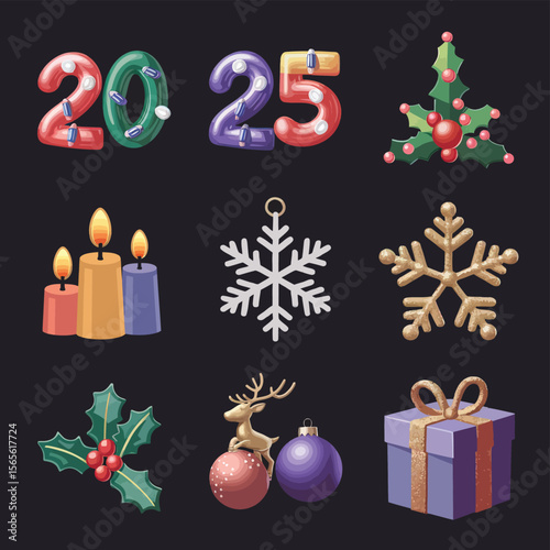 vector Happy New Year Celebrating 2025 in Latin letters , Christmas Decoration Items Santa Claus
