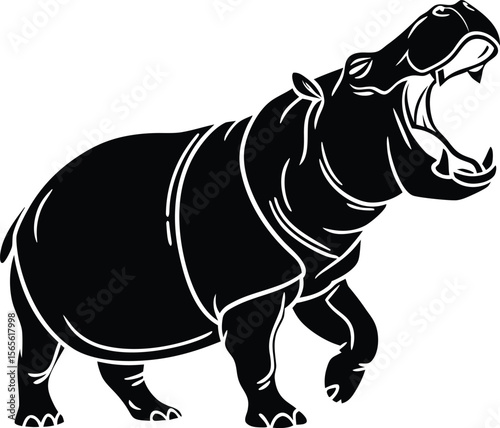 Aggressive hippopotamus with mouth wide open showing tusks and teeth silhouette.eps