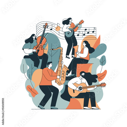 A musical band performing with various instruments