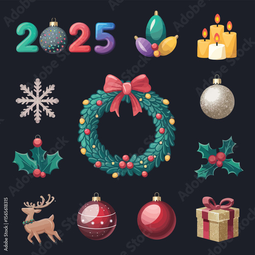 vector Happy New Year Celebrating 2025 in Latin letters , Christmas Decoration Items Santa Claus
