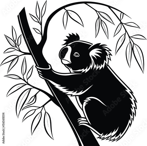 Stylized black and white silhouette of a koala clinging to a eucalyptus tree branch with leaves .eps