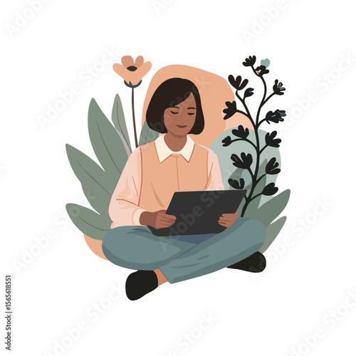 Woman relaxing while reading on a tablet