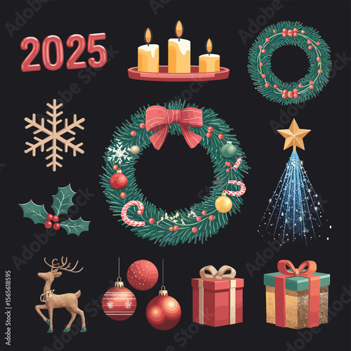 vector Happy New Year Celebrating 2025 in Latin letters , Christmas Decoration Items Santa Claus
