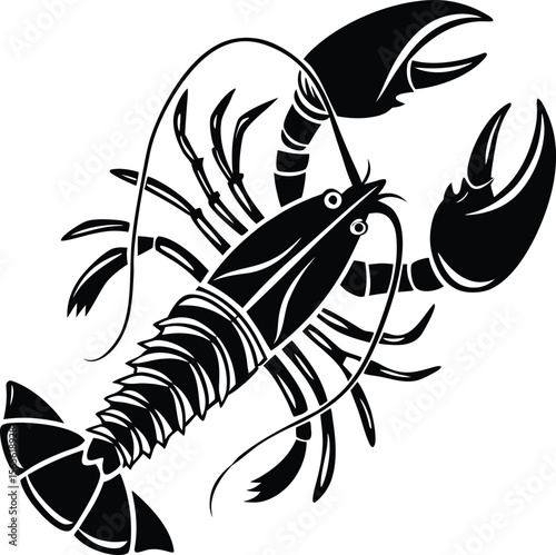 Stylized black lobster silhouette with detailed claws antennae and segmented tail on white background .eps