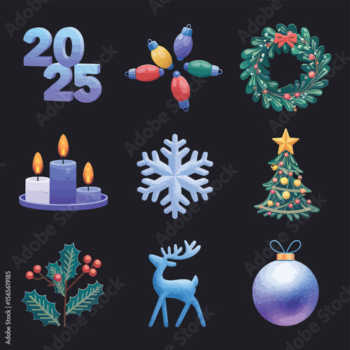 vector Happy New Year Celebrating 2025 in Latin letters , Christmas Decoration Items Santa Claus
