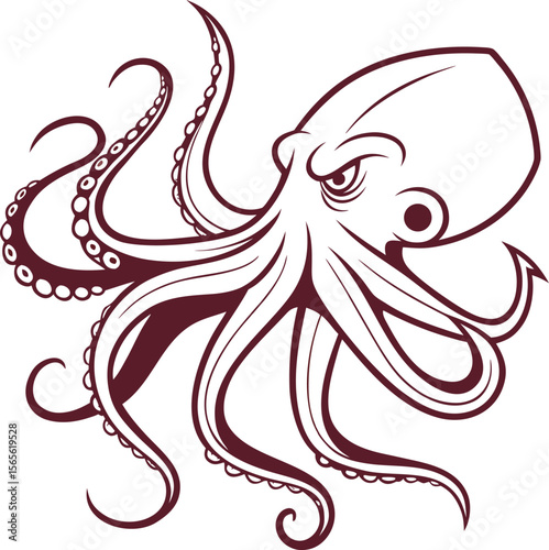 Fierce octopus with eight tentacles and a menacing expression in a bold outline silhouette style .eps