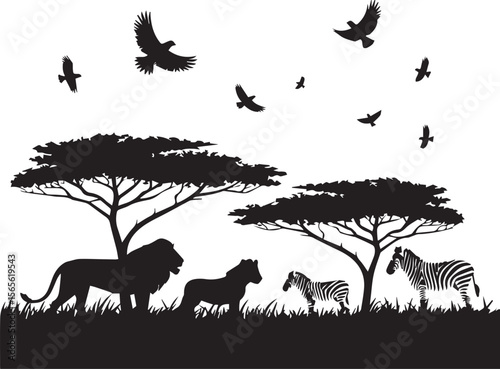 Majestic Silhouettes of Lion, Zebra, and Birds under Acacia Trees – Stunning African Wildlife and Safari Illustration for Nature and Adventure Themes