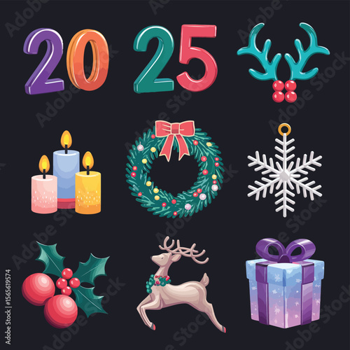 vector Happy New Year Celebrating 2025 in Latin letters , Christmas Decoration Items Santa Claus
