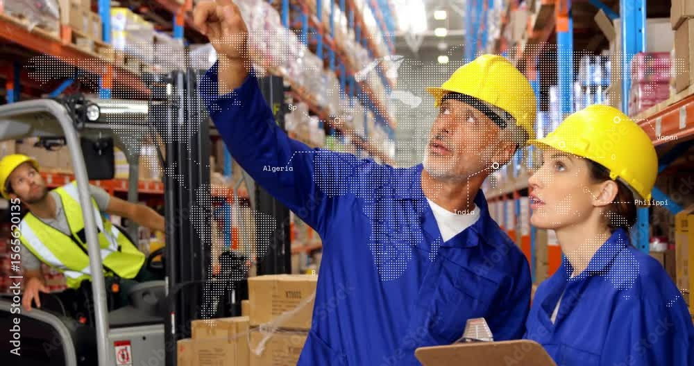 Supervisor raising arm pointing racks while overlaying world map guiding inventory logistics