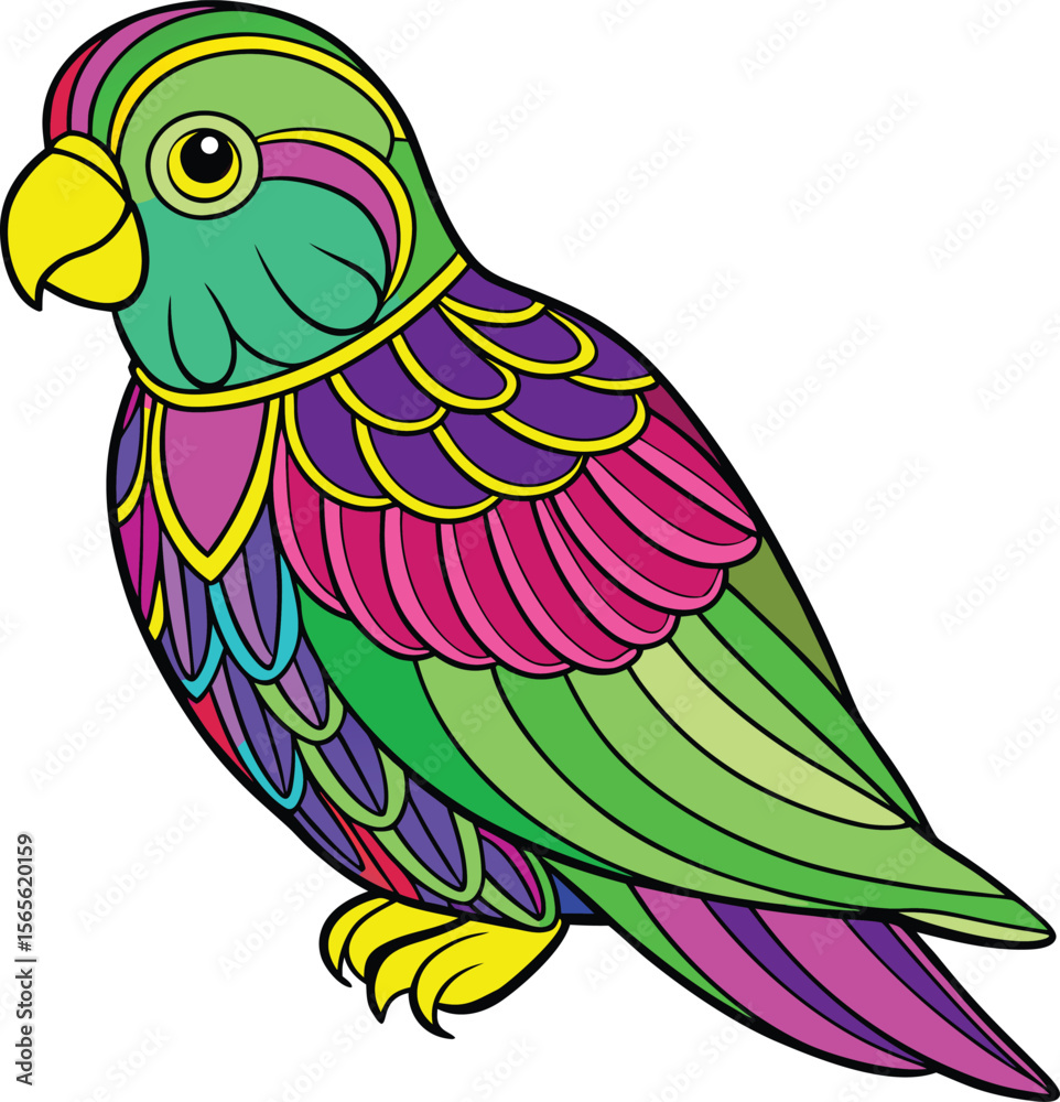 Naklejka premium Vibrant colorful stylized parrot with detailed feathers and bold outlines silhouette .eps