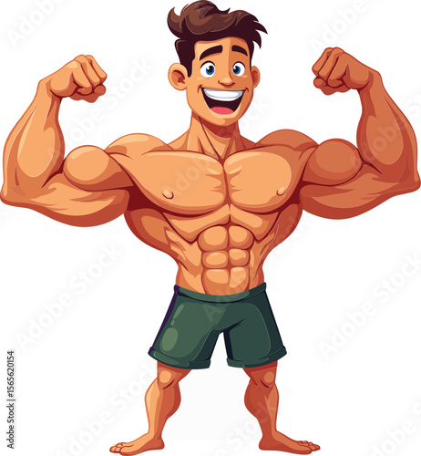 Cartoon muscular man flexing with a big smile in athletic shorts  