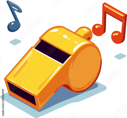 Yellow whistle with musical notes in a bright, playful style  